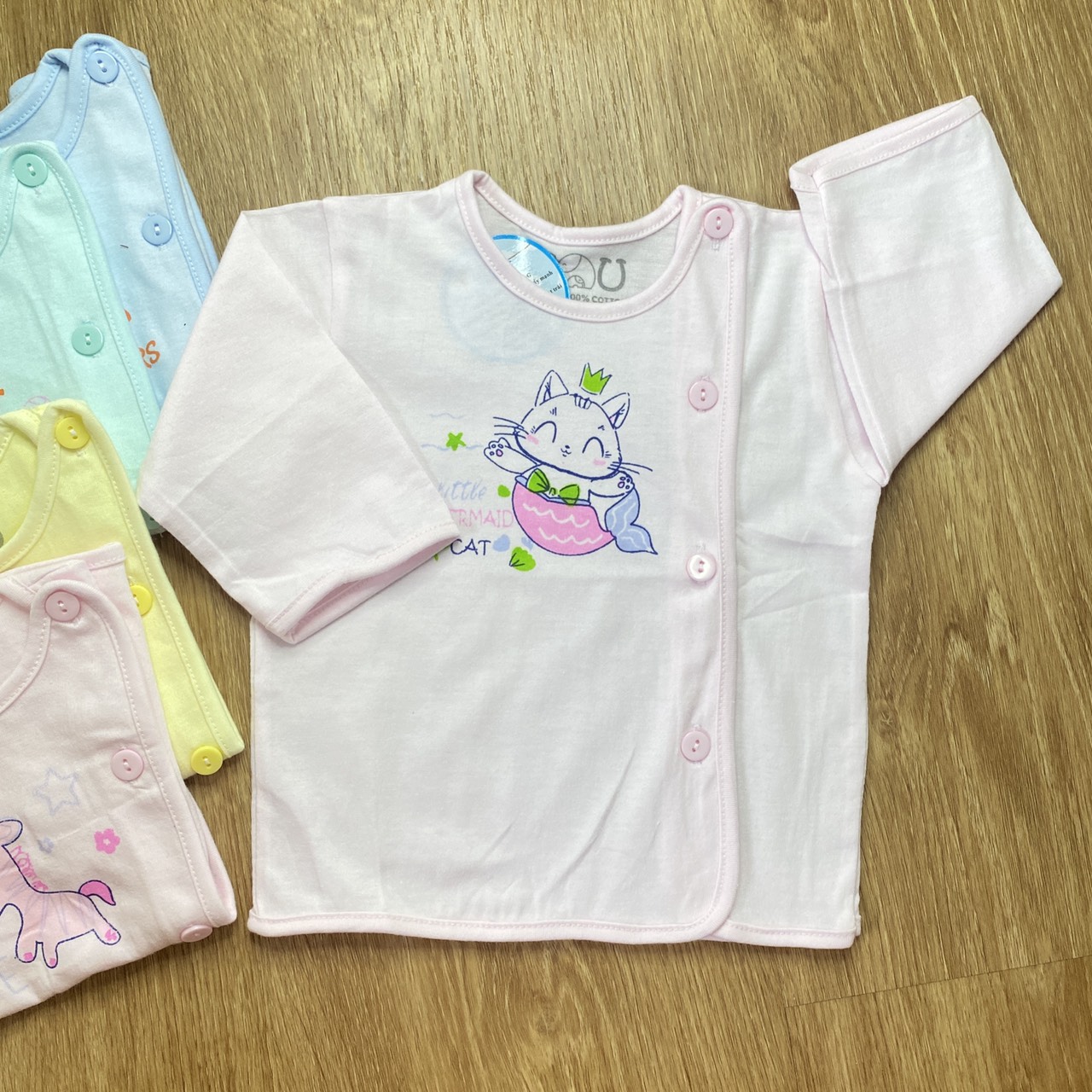 Combo 5 áo sơ sinh cotton Tay Dài Cài Lệch Màu Nhạt JOU-TomTom Baby- Size 1,2,3 cho bé sơ sinh - 9kg