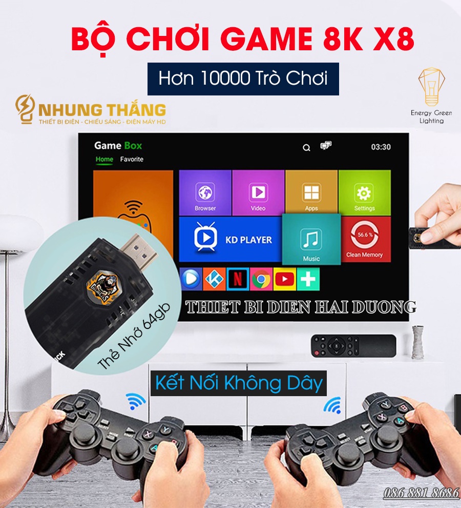 Máy Chơi Game Stick 8k x8 - Kết Nối Không Dây WIFI - HDMI TV 10000 Trò Chơi - Kèm Thẻ Nhớ 64gb - CÓ VIDEO