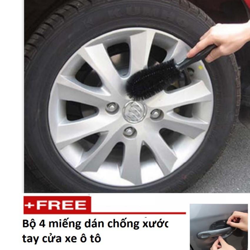 Bàn chải cọ rửa làm sạch lốp ô tô Tặng Kèm  Bộ 4 miếng dán chống xước tay cửa xe ô tô (Đen)