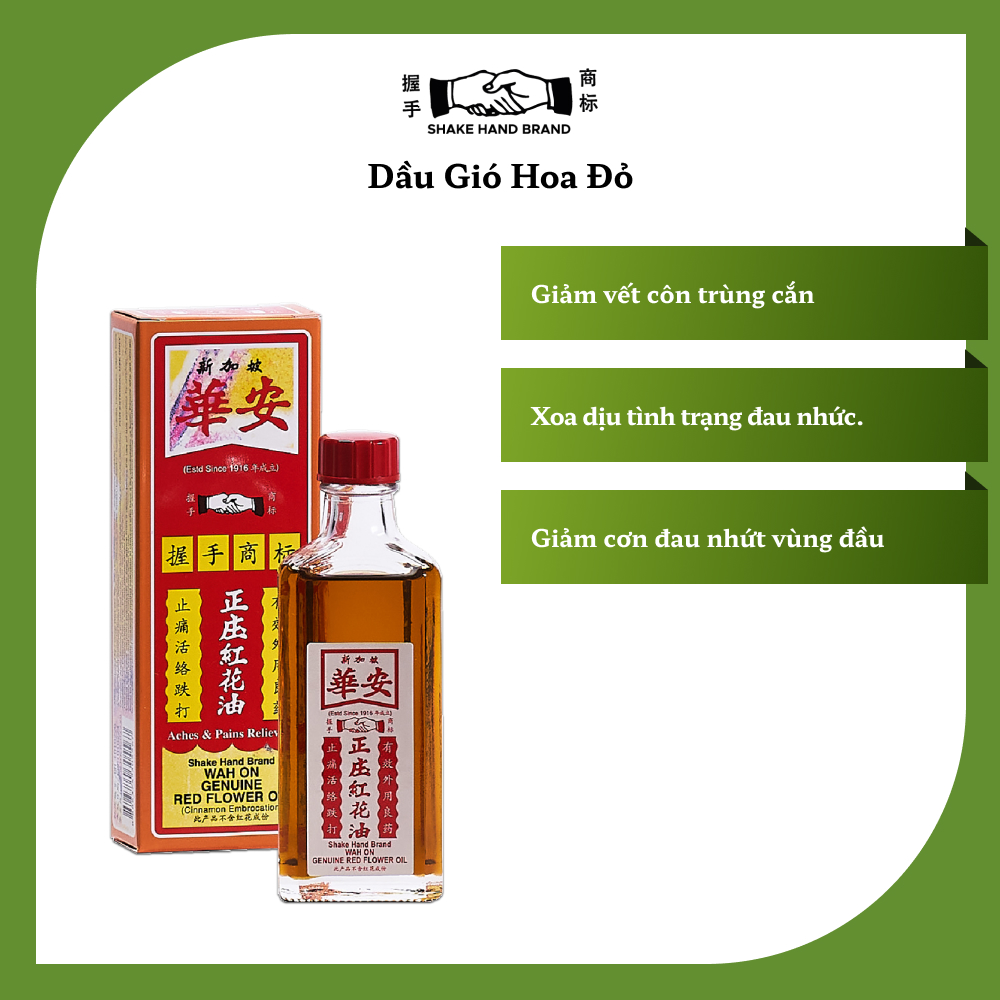 Combo 2 Dầu gió Singapore Hoa đỏ Shake Hand Wah On Chính Hãng với tinh dầu lá quế giúp thông thoáng mũi, làm tan máu bầm và đau thấp khớp, đem lại cảm giác ấm áp và êm dịu (56ml x2)