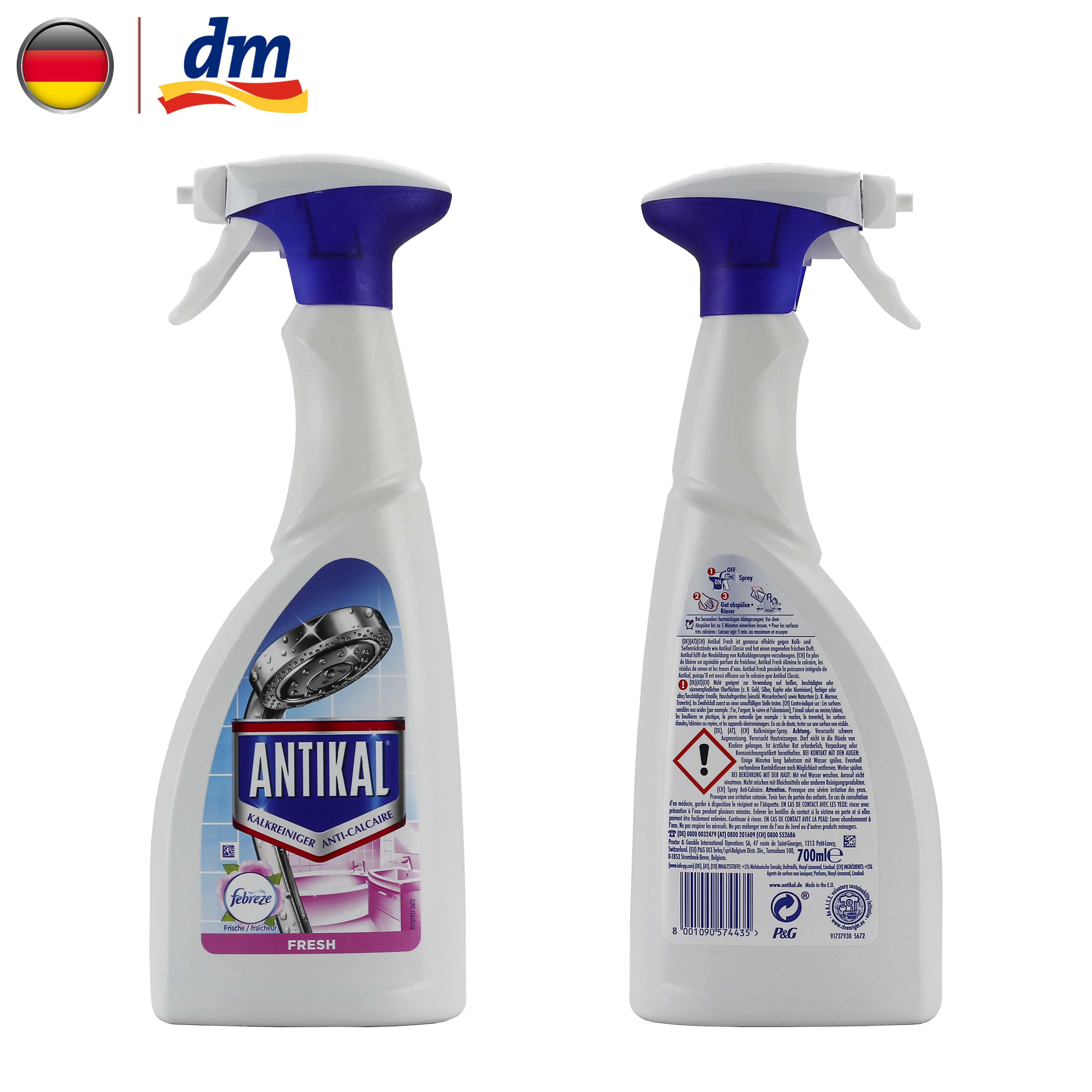 Bình xịt dung dịch tẩy cặn bám trên đồ inox trong nhà tắm Antikal Antikalk Febreze 700 ml - hàng nhập khẩu Đức