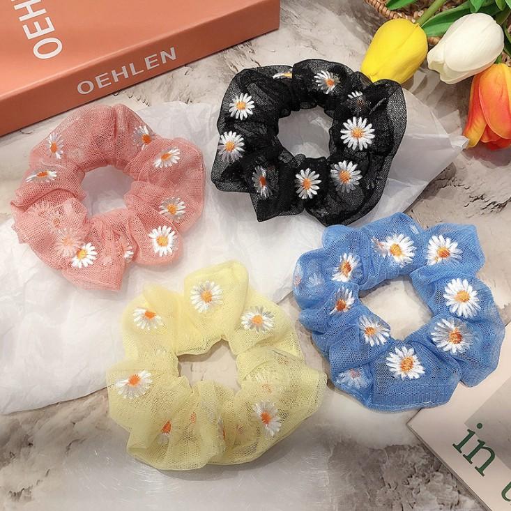 Dây buộc tóc thêu cúc họa mi tinh tế vòng lớn Scrunchies xinh xắn HD41