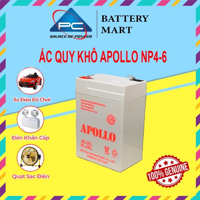 Ắc Quy Apollo NP4-6 6V-4AH, Bình ắc quy khô 6V cho xe điện trẻ em ,đèn khẩn cấp, quạt sạc