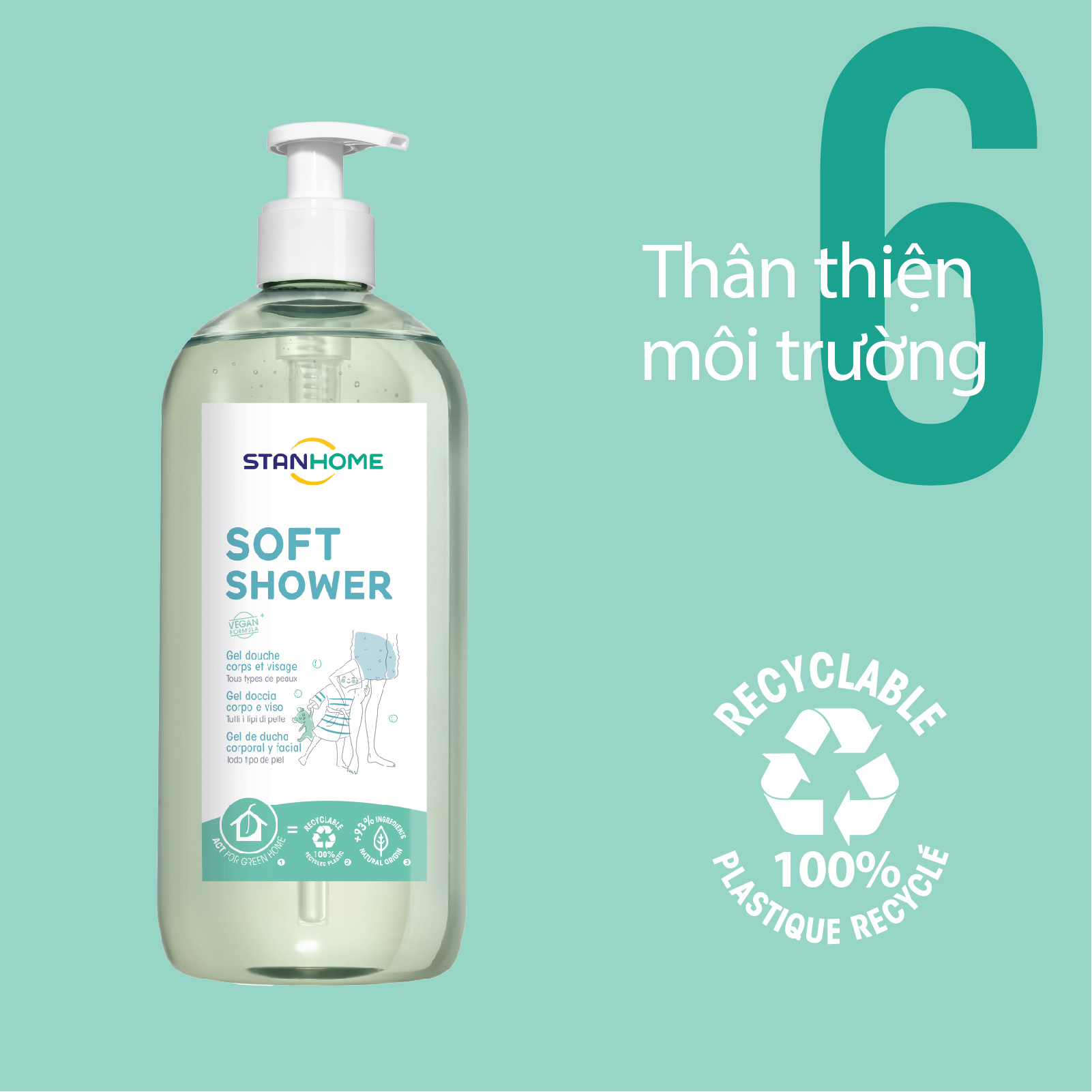 Sữa tắm, rửa mặt không xà phòng cho mọi loại da và da nhạy cảm Stanhome Family Expert Soft Shower 740ml/chai