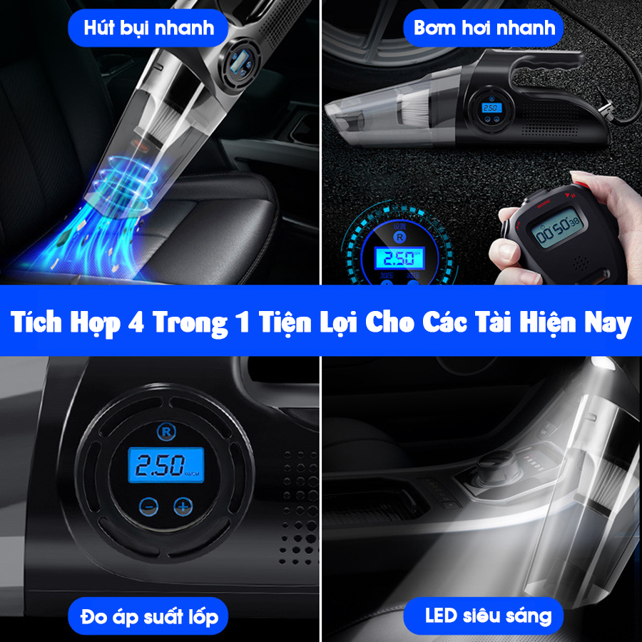 Máy bơm lốp ô tô xe hơi kèm hút bụi cầm tay  dùng pin sạc thông minh CAR VIET NAM