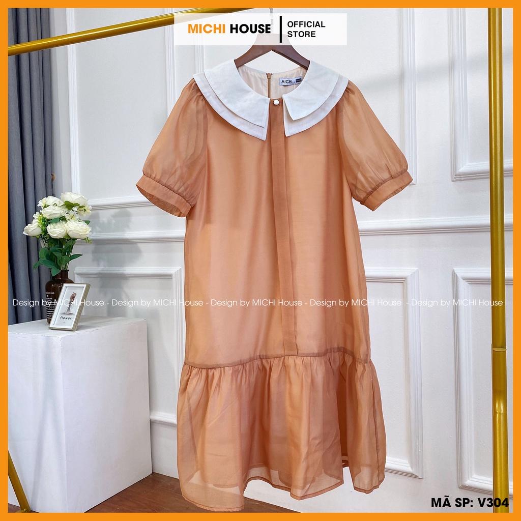 Váy suông Đuôi cá Ngắn tay Cổ trắng đính Cúc ngọc Freesize VS304 MICHI House Đầm xuông Thiết kế Form Bầu rộng Bigsize