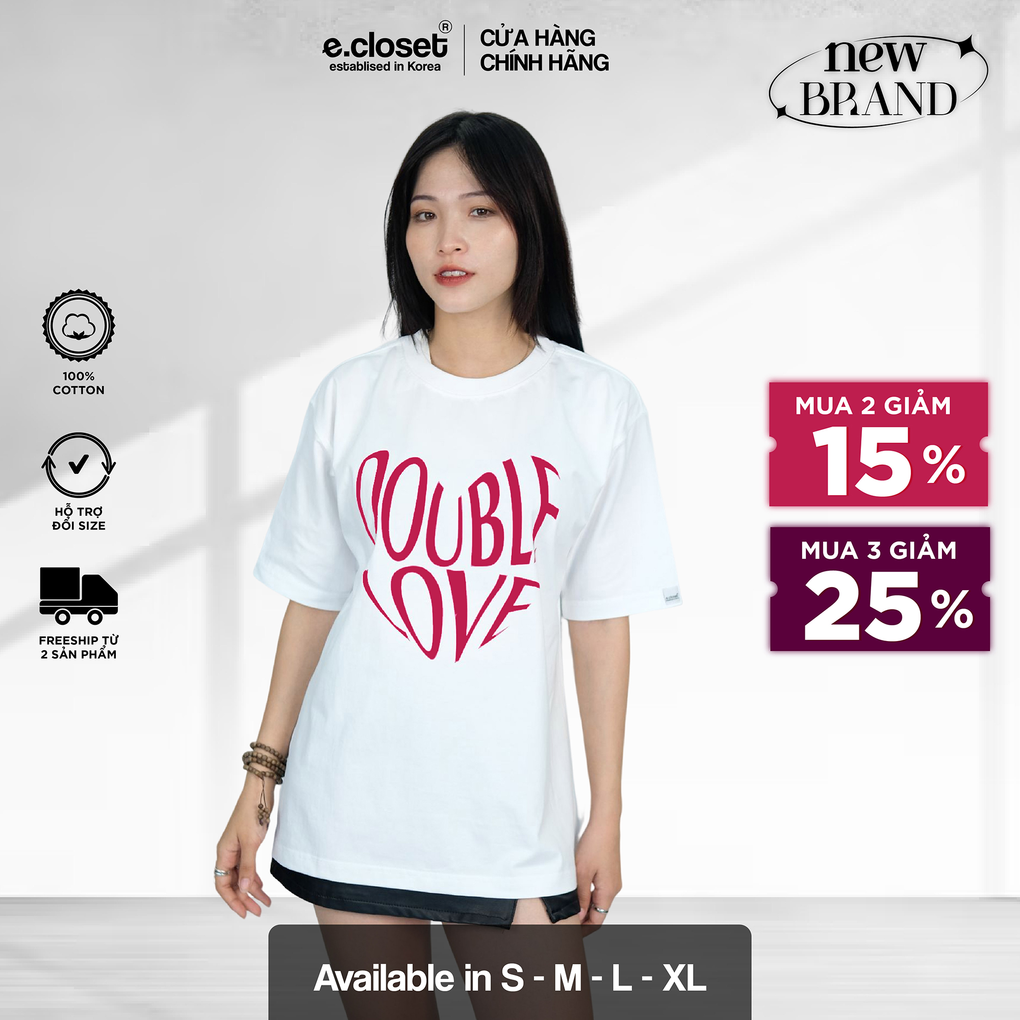 Áo Thun Tay Ngắn Oversize DOUBLE LOVE/ White (unisex, áo thun nam/ nữ)