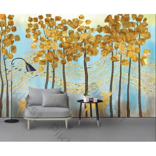Tranh dán tường Phong cảnh trừu tượng hươu vàng phú quí, tranh dán tường 3d hiện đại MS1071536