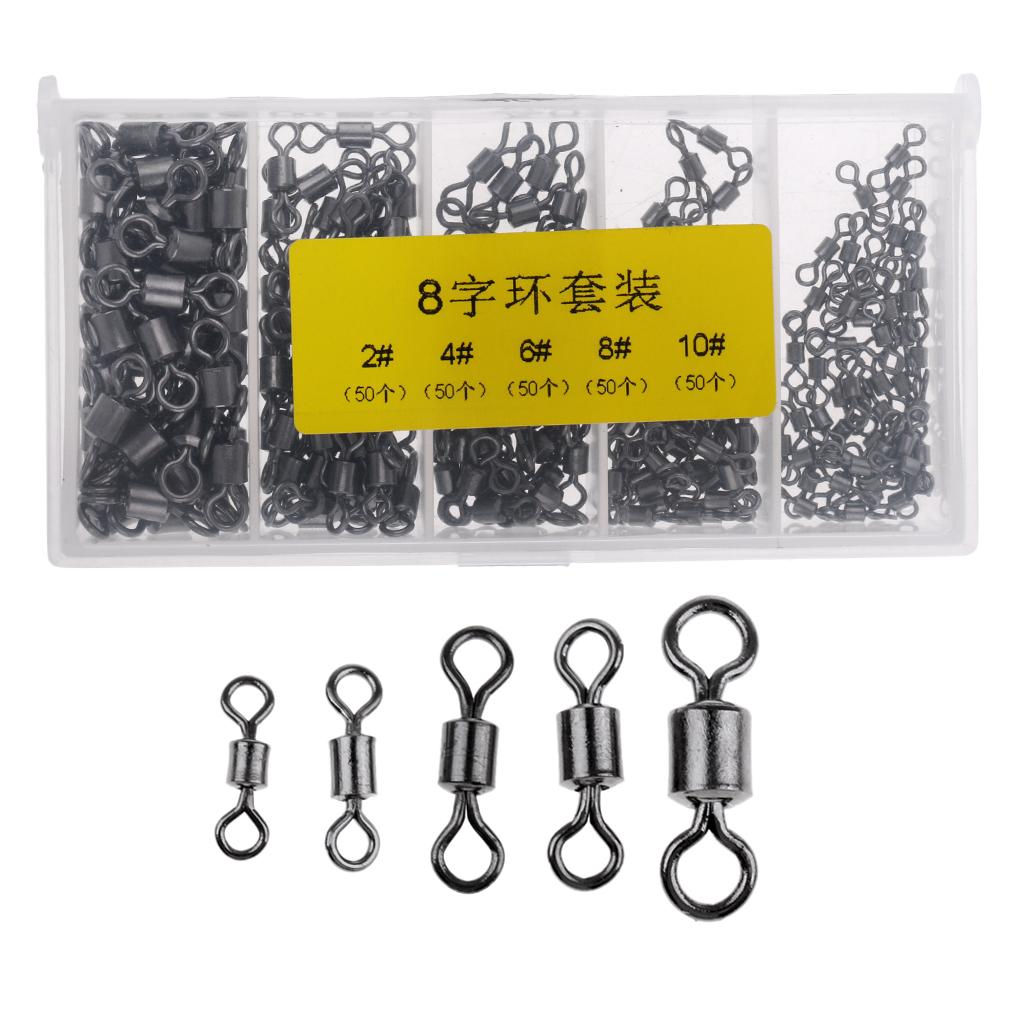 250Pcs Fishing Rolling Swivel Lures Hook Connector Terminal Tackle 2# - 10#