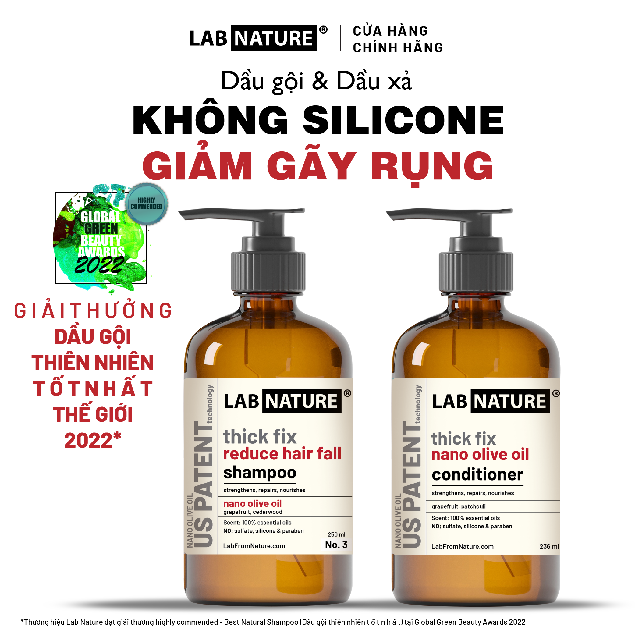 Combo Dầu gội và Dầu xả không Silicone Ngăn rụng tóc Lab Nature No.3 - công nghệ Nano Dầu Olive