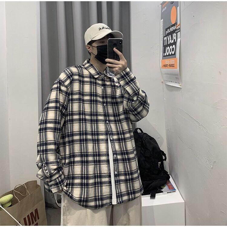 Áo sơ mi nam form rộng Unisex Oversize CARO đen KEM sọc cá tính chạy đường chỉ đen cá tính chất liệu kate dày dặn xịn mịn form 50-70kg mặc