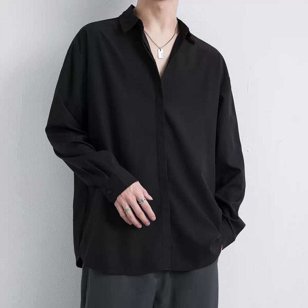Áo sơ mi nam che nút tay dài vải cotton lụa mềm mượt mặc mát sơ mi Unisex fom rộng nam nữ mẫu mới ẩn nút tay dài mã 26