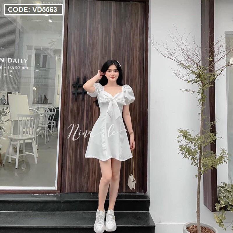 Đầm xoè trắng nơ ngực bản to tay búp - VD5563