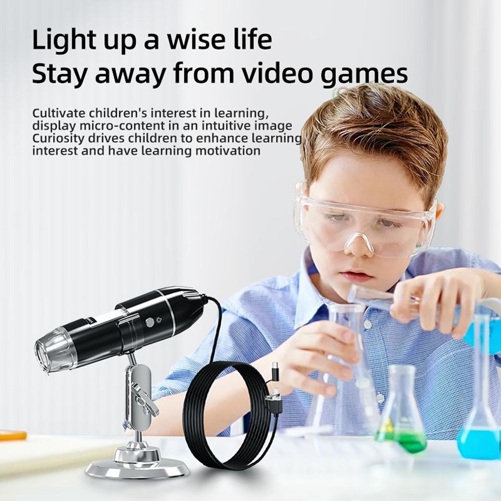 3 In 1 Interfaces Microscope 1080P 300000 Pixels 1000X Portable Digital Microscope Photo Video Modes Multi-function Microscope Computer Mobilephone Connecting 360° Bracket 8 LED Adjustable Fill-light for Daily Observation