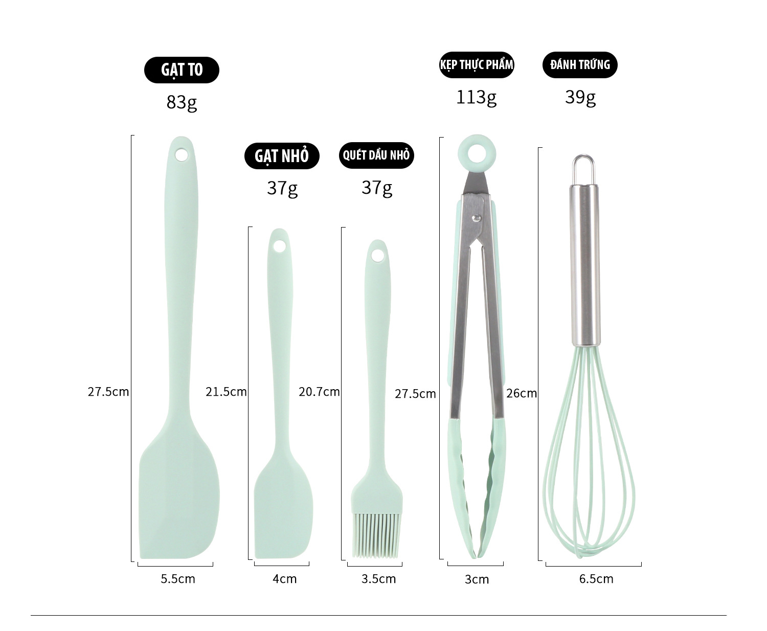 Bộ dụng cụ làm bánh 5 món silicon y tế đạt tiêu chuẩn an toàn, chịu nhiệt độ cao, không độc hại, dụng cụ nhà bếp