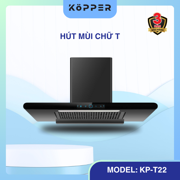 Kopper Hút Mùi Thông Minh Model KP-T22 Hút Khỏe Có Sấy Dầu Tự Động Quạt Li Tâm Cánh Thép Động Cơ Đồng Màn Hình Cảm Ứng Tiếng Ồn < 50 dB KP-T22 Hàng Chính Hãng