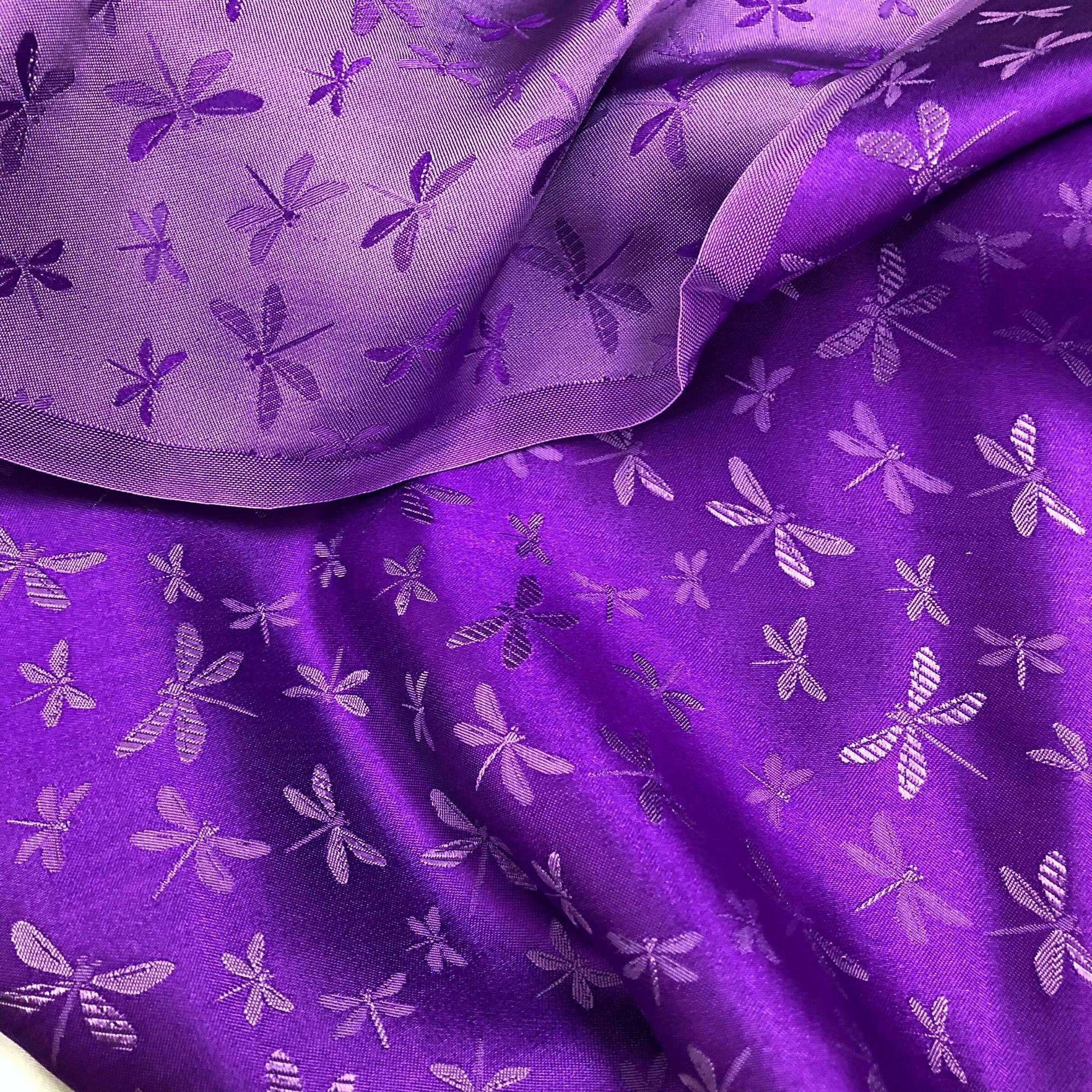 Vải Lụa Tơ Tằm hoa văn chuồn chuồn màu tím may áo dài, mềm#mượt#mịn, dệt thủ công, khổ vải 90cm
