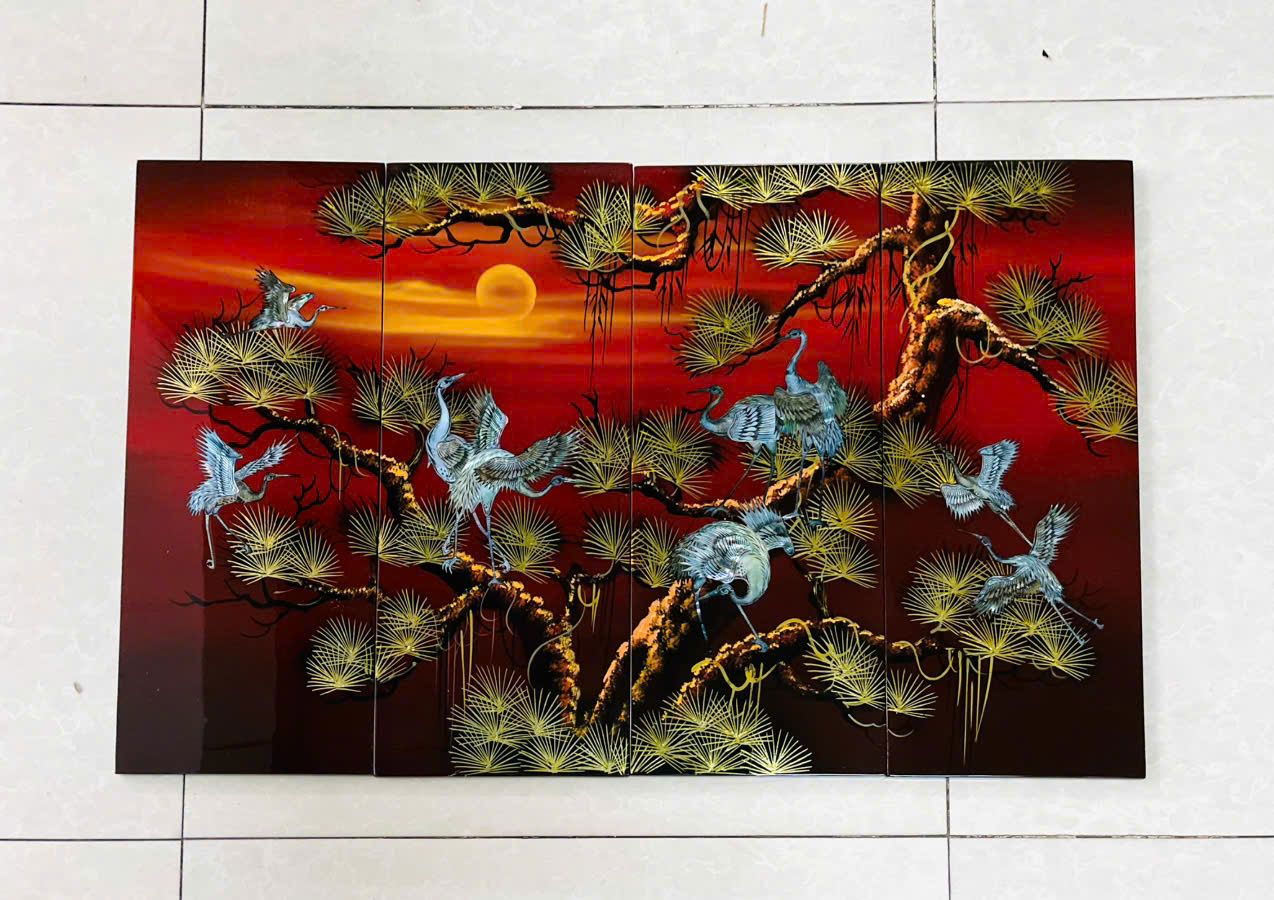 Bộ Tranh sơn mài 4 tấm -TÙNG HẠC DIÊN NIÊN - khảm cừ size 50x80 cm - Ý Nghĩa Phong Thủy