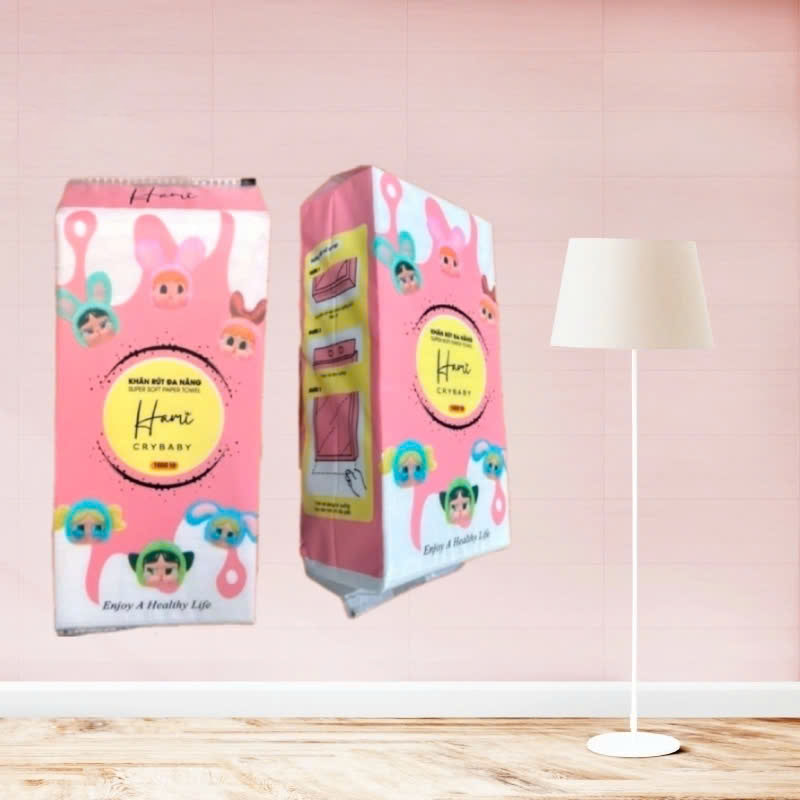 Bịch Giấy Rút Treo Tường Đa Năng Hami Crybaby Hồng 1600 Tờ Thấm Hút Tốt