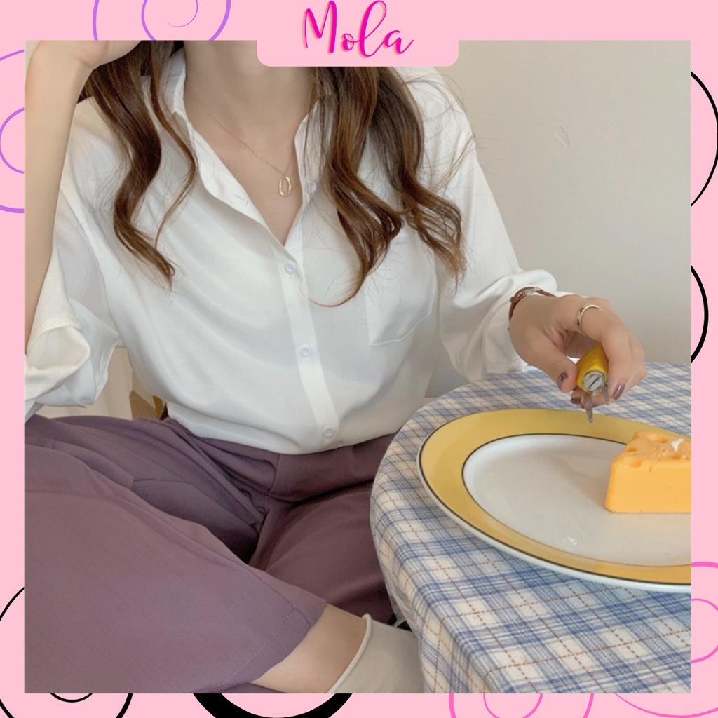 Áo Sơ Mi Form Rộng MOLA Màu Trắng Dáng Dài 1 Túi Kiểu Hàn Quốc Vintage Ulzzang Tiểu Thư Bánh Bèo Chất Đũi