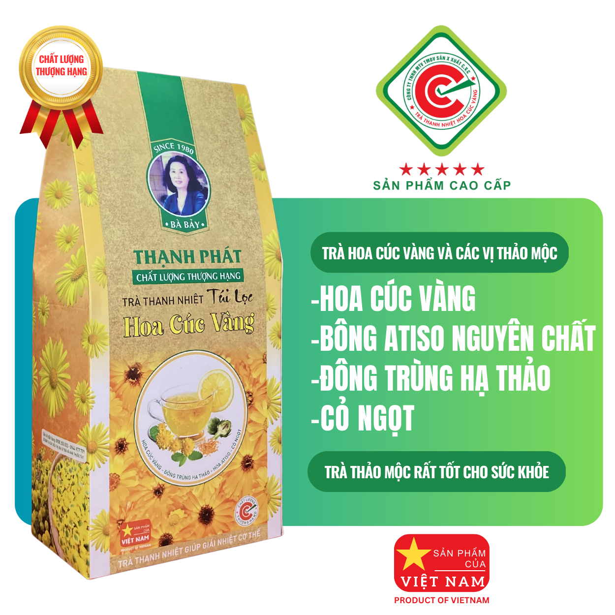 Trà thanh nhiệt túi lọc HOA CÚC VÀNG THẠNH PHÁT 100% tự nhiên đóng gói 30 túi 5gr giúp thanh lọc cơ thể tốt cho gan thận mật FREESHIP ở HCM