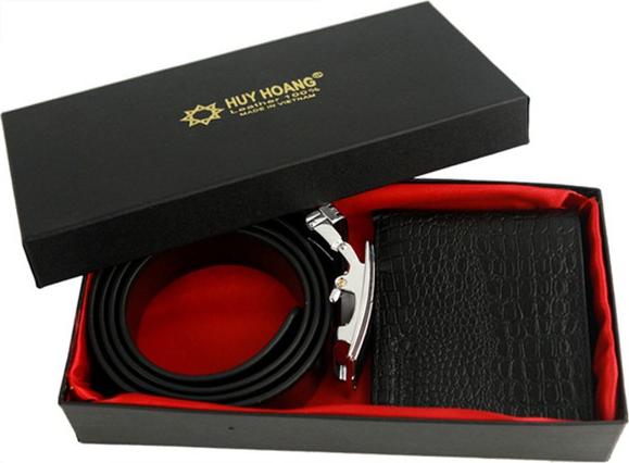 Bộ Ví & Thắt lưng nam Huy Hoàng da bò vân cá sấu màu đen HT2111-HT4114