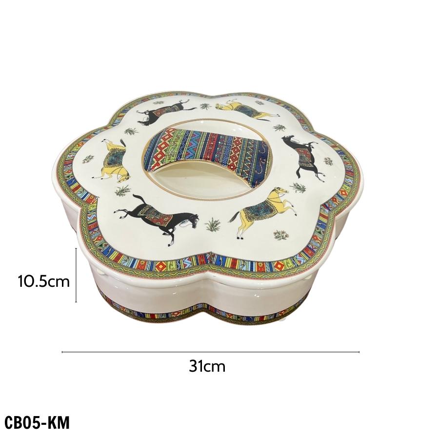 Khay đựng mứt, khay đựng bánh kẹo nhiều ngăn họa tiết con ngựa mang phong cách tân cổ điển sang trọng CB05-KM