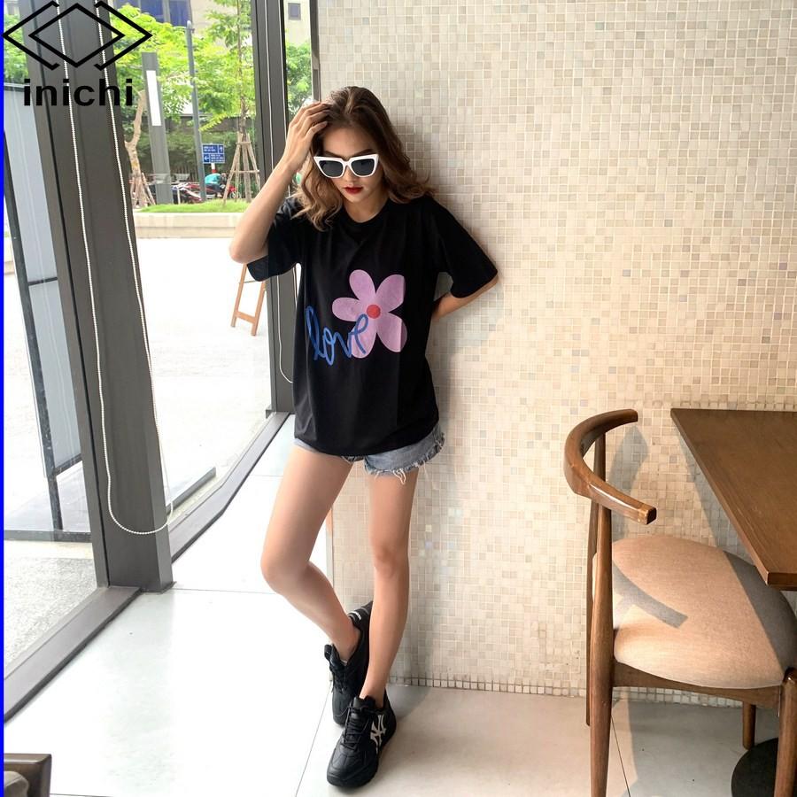 Áo thun unisex INICHI A579 tay lỡ form rộng cá tính in hình Love hoa 5 cánh