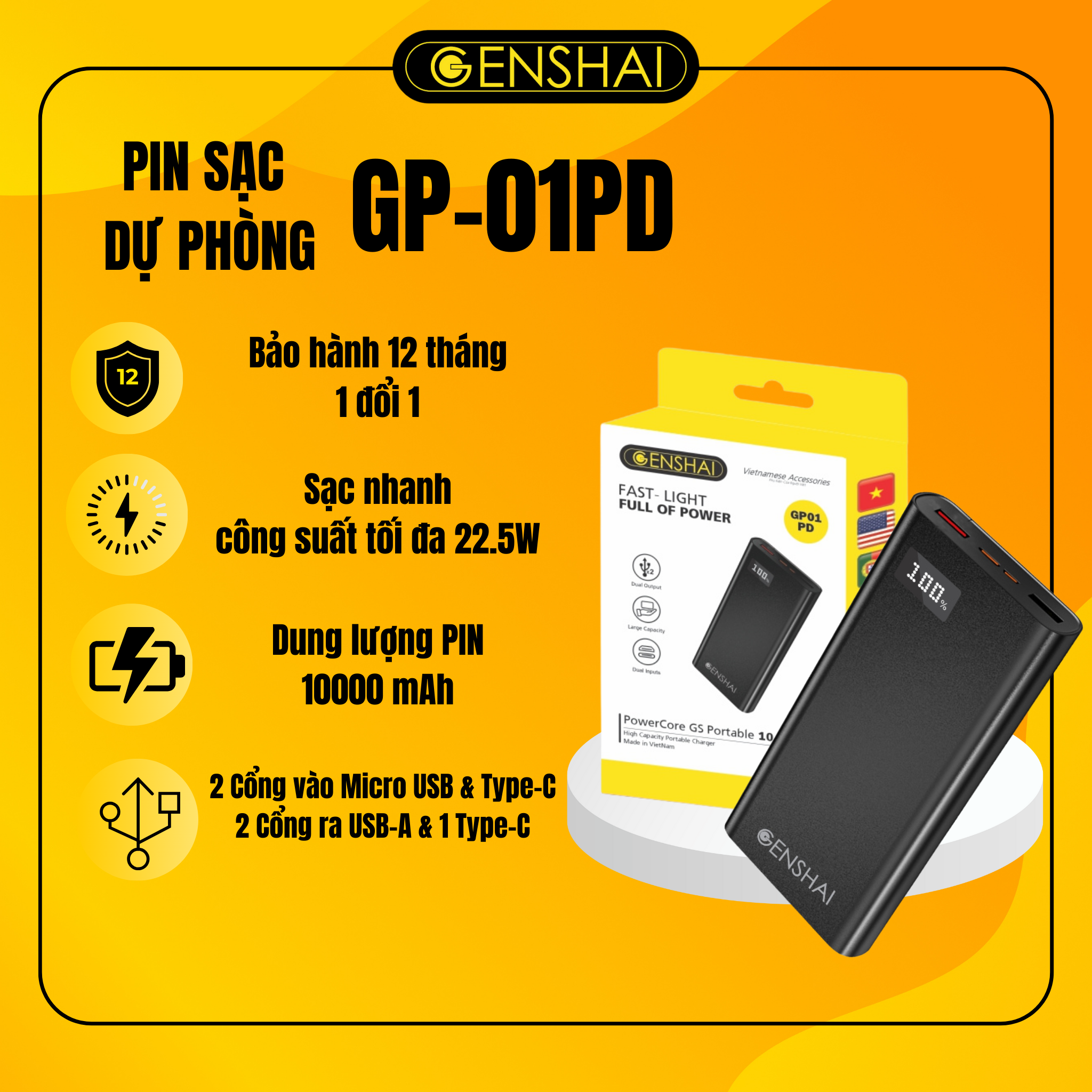 Pin sạc dự phòng hàng chính hãng Genshai GP-01PD (Sạc nhanh PD &amp; QC 3.0) 10.000mAh màn hình Led vỏ nhôm | Bảo hành 12 tháng 1 đổi 1 | Made in Việt Nam