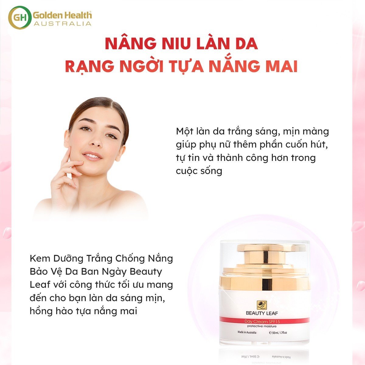 [GOLDEN HEALTH] Kem Dưỡng Trắng Da Ban Ngày, Chống Nắng, Mờ Thâm, Nám, Tàn Nhang Nuôi Dưỡng Làn Da Trắng Sáng Hồng Hào Từ Sâu Bên Trong Beauty Leaf SPF15 50ml