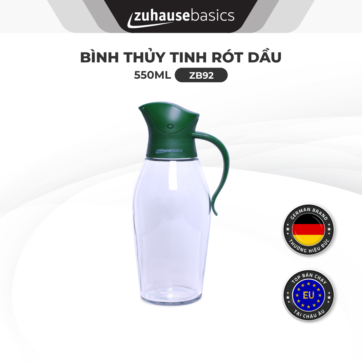 Bình thủy tinh rót dầu ăn, nước mắm tự mở nắp khi rót Zuhause basics ZB92 500ml - hàng chính hãng