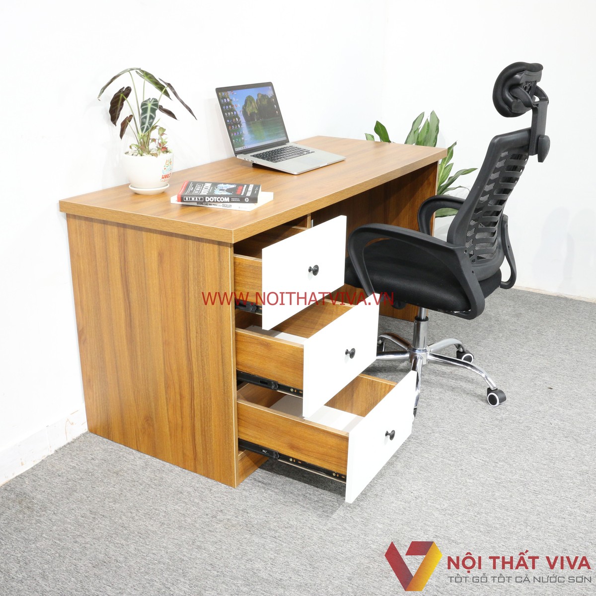 Bàn Làm Việc Gỗ MDF Melamine Màu Vàng Sọc Hộc Kéo Trắng Hiện Đại