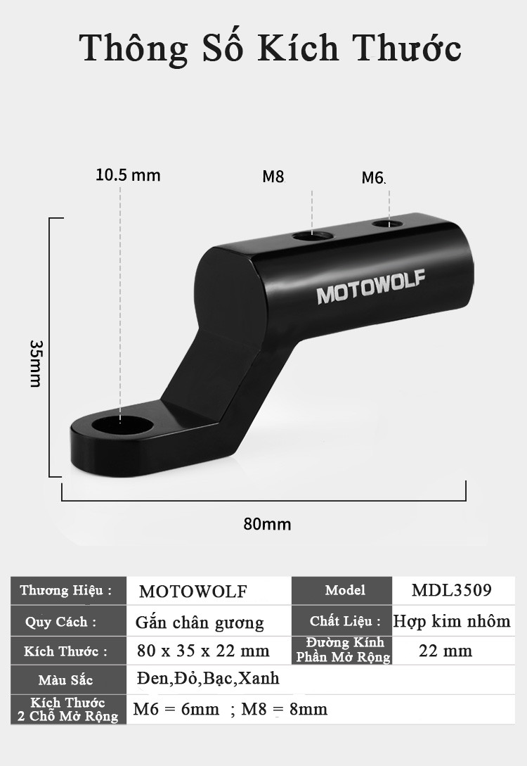 Pad mở rộng CNC gắn chân gương xe máy MOTOWOLF