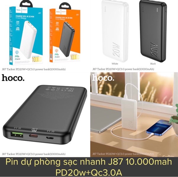 Pin dự phòng sạc nhanh 10.000mah hoco J87 QC 3.0 và PD 20w,cổng sạc type-c sạc đảo chiều(HÀNG CHÍNH HÃNG)