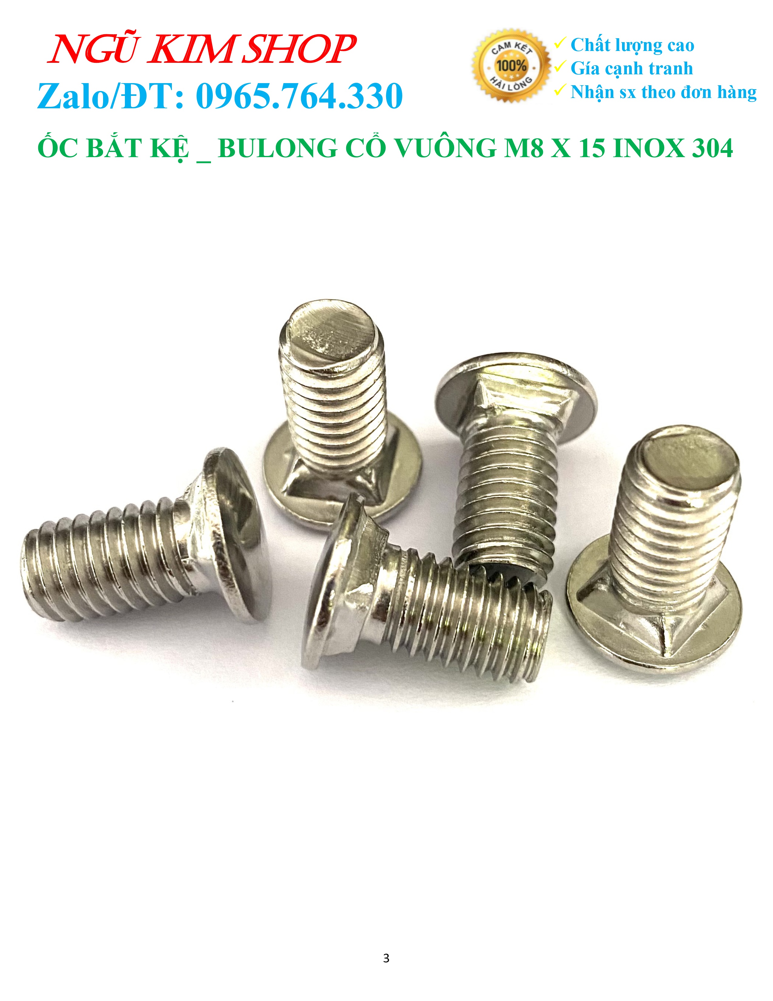 ỐC BẮT KỆ _ BULONG CỔ VUÔNG M8 x 15 INOX304