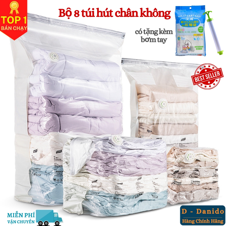 Bộ 8 túi hút chân không đựng chăn màn quần áo cao cấp D Danido - Set 8 túi hút chân không bằng nhựa dẻo dai có tặng kèm bơm tay