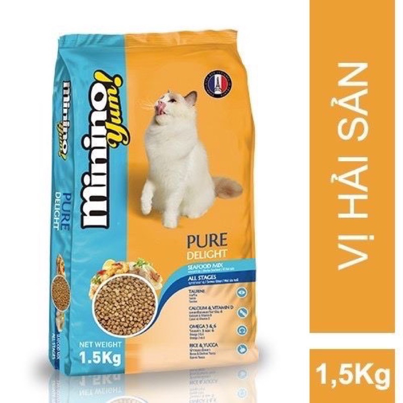 Thức Ăn Hạt Khô Cho Mèo Minino Yum Gói 1.5kg, Thức Ăn Cho Mèo Mọi Lứa Tuổi Vị Hải Sản/ Cá Hồi