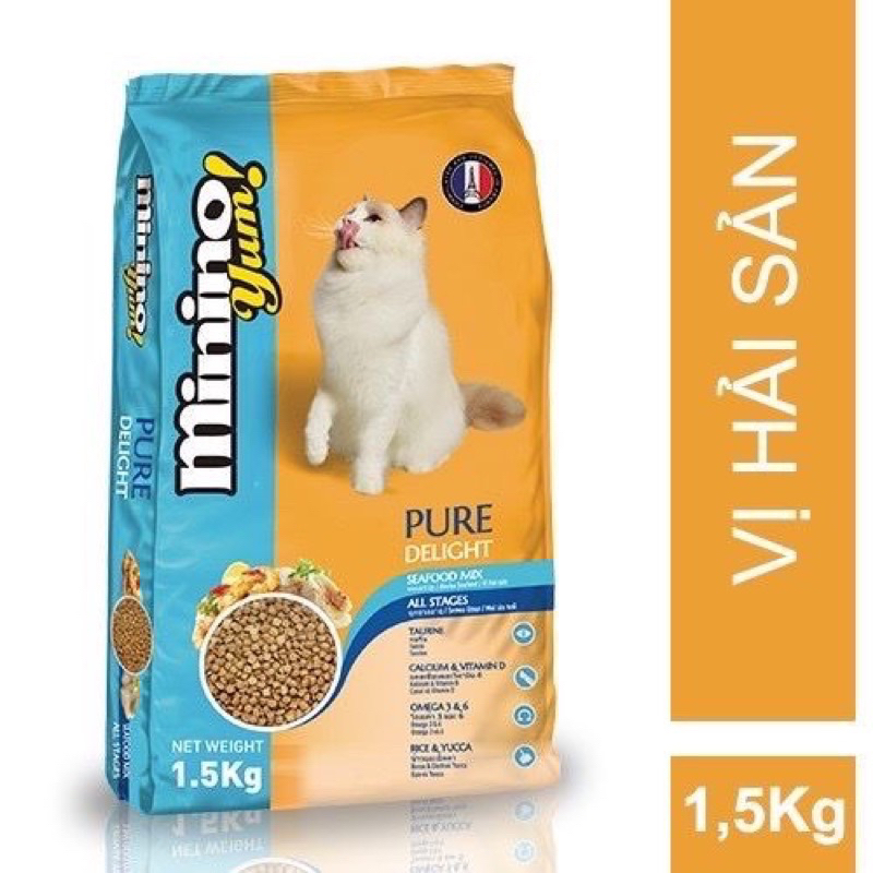 Thức Ăn Hạt Khô Cho Mèo Minino Yum Gói 1.5kg, Thức Ăn Cho Mèo Mọi Lứa Tuổi Vị Hải Sản/ Cá Hồi