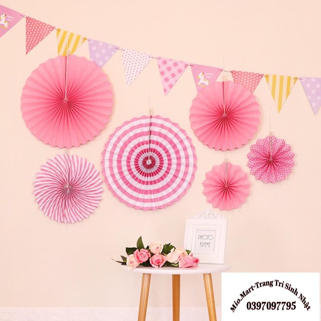 Bộ 6 Quạt Party Fan Trang Trí Bằng Giấy,2 Màu Xanh,Hồng Trang Trí Sinh Nhật Siêu Dễ Thương BB07