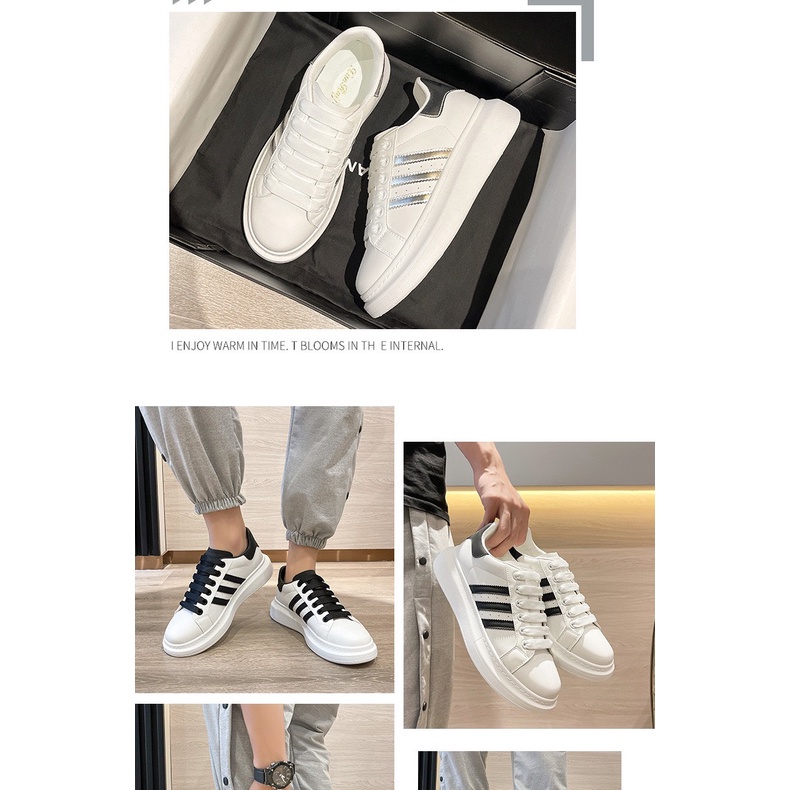 Giày Sneaker Đế Cao Nam Nữ màu trắng sang, đủ size từ 36 đến 43 khâu mũi phối sọc thời trang