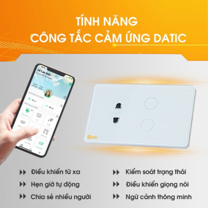 Công tắc thông minh HUNONIC DATIC 2 nút kèm ổ cắm màu trắng - Điều khiển từ xa bằng điện thoại - Công nghệ 4.0