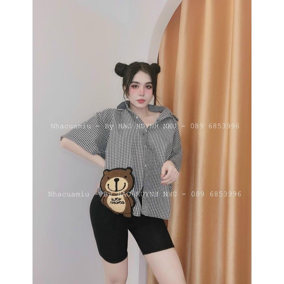 Sét bộ nữ áo sơ mi kẻ sọc tay lửng in hình bé gấu dễ thương phối quần lửng ngố ôm body xinh xắn thời trang nữ dạo phố