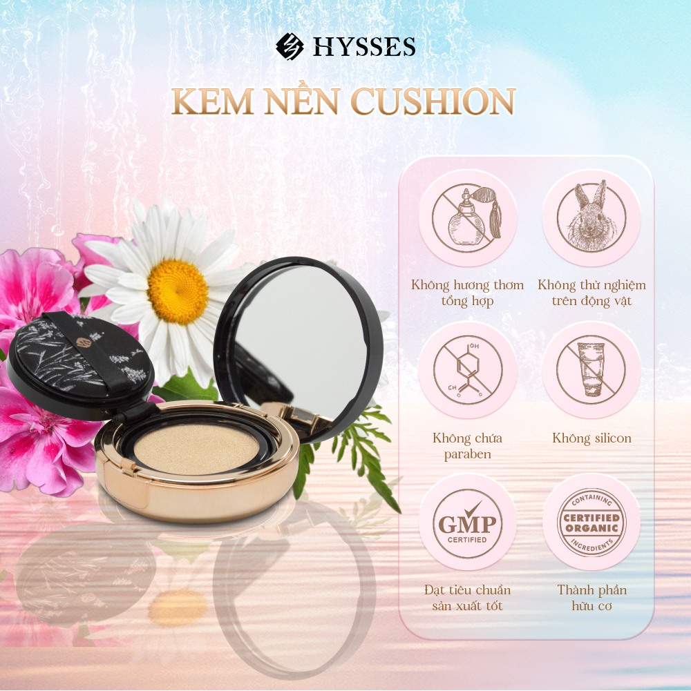 Kem Nền Siêu Nhẹ, Mềm Mịn Foundation Hysses Cushion Absolute Coverage Với Độ Che Phủ Cao, Chống Nắng SPF50, Che Khuyết Điểm Hoàn Hảo, Thành Phần Cúc La Mã Giúp Làm Dịu Da, Chống Oxy Hóa, Duy Trì Độ Ẩm Cho Da