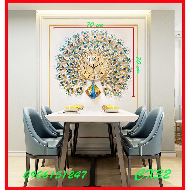 Đồng hồ treo tường trang trí decor chim công CX32 Khổng Tước xanh kích thước 70 x 70 cm