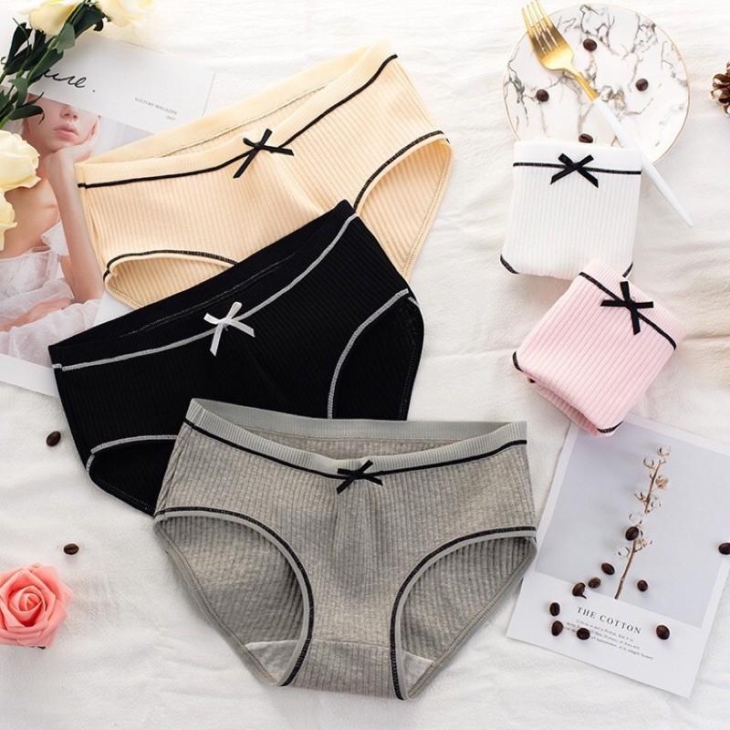 Quần Lót Nữ Cotton Tăm Cạp Nơ Phối Viền Đen khuẩn xuất Nhật