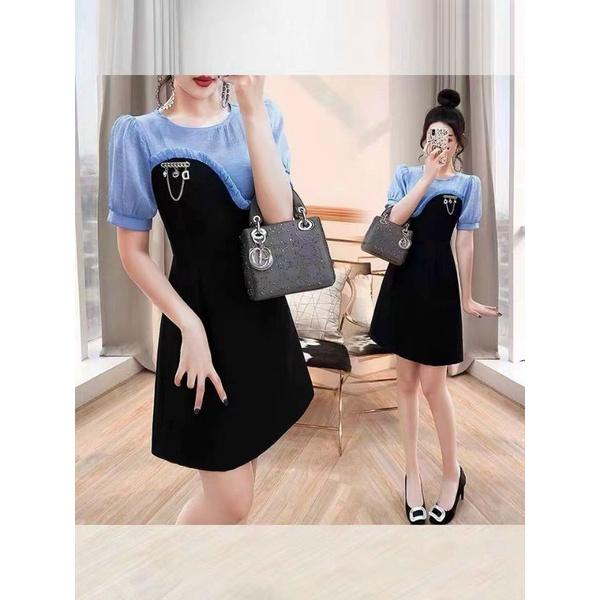 HÀNG NHẬP - ĐẦM THUN SUÔNG CỔ PHỐI LỤA XANH
