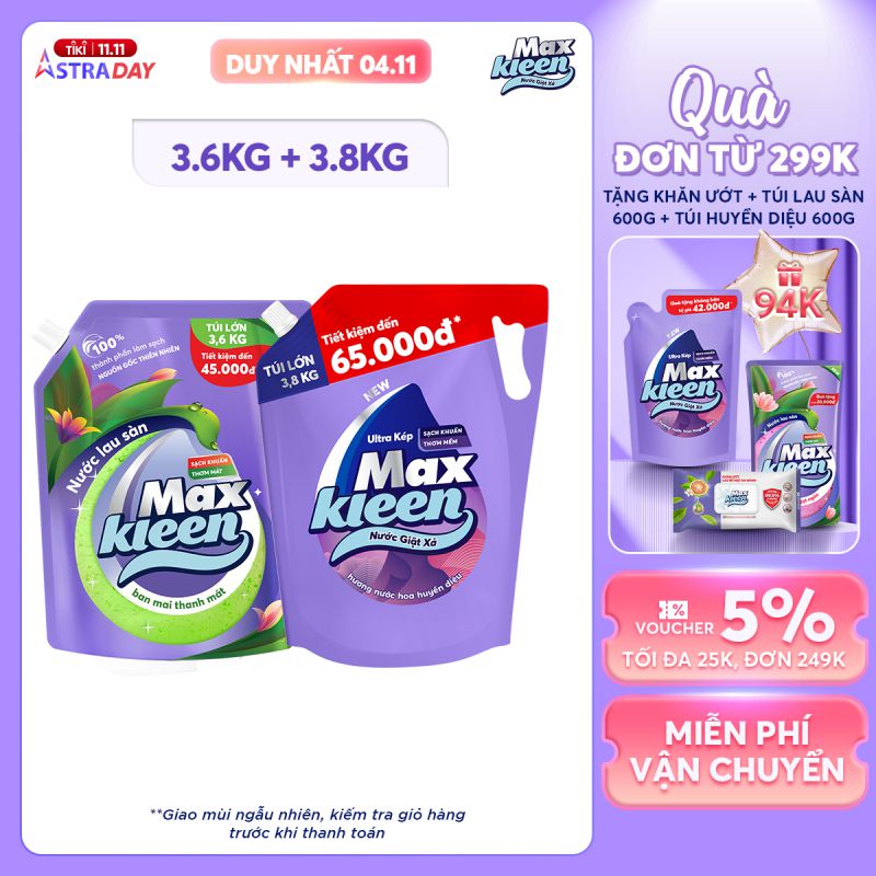 Combo Túi Nước Lau Sàn 3.6kg Ban Mai Thanh Mát + Túi Nước Giặt Xả MaxKleen 3.8kg Huyền Diệu