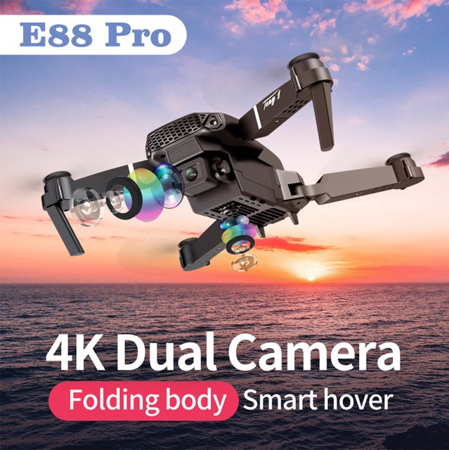 Máy bay Flycam mini 4k giá rẻ Drone E88 Pro 2 camera kép kết nối WIFI 2.4GHZ, ĐỘ PHÂN GIẢI 4K, Bay cao 100m, nhào lộn 360 độ thích làm đồ chơi cho bé Tặng túi đựng chống sốc - Hàng chính hãng