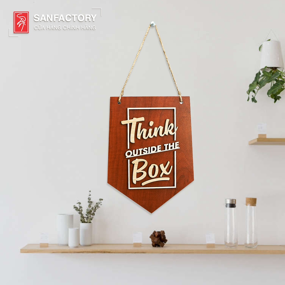 Bảng gỗ treo tường trang trí, Slogan Think Outside The Box, Decor Phong Cách Vintage cho Homestay, khách sạn, nhà hàng