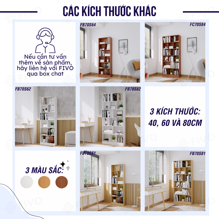 Kệ Để Sách Gỗ MDF FIVO FB70 (40 x 24 x 179cm) Đa Tầng Tiết Kiệm Không Gian (Có Tấm Lưng Phía Sau) - Hàng Chính Hãng